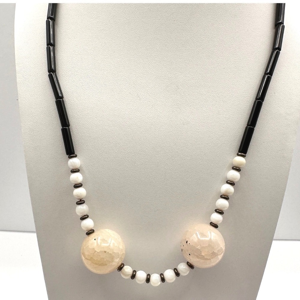 Vintage 90s Black & White Beaded Statement Necklace w Large Faceted Orbs Jewelry